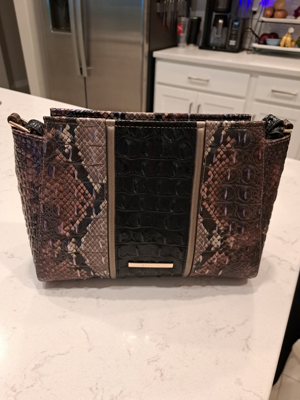 Brahmin Leather Snake-Embossed Crossbody Bag in Brown and Black